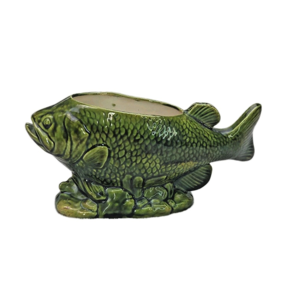 Vintage Pottery Ceramic Green Fish Planter Vase Hand Painted Koi Goldfish